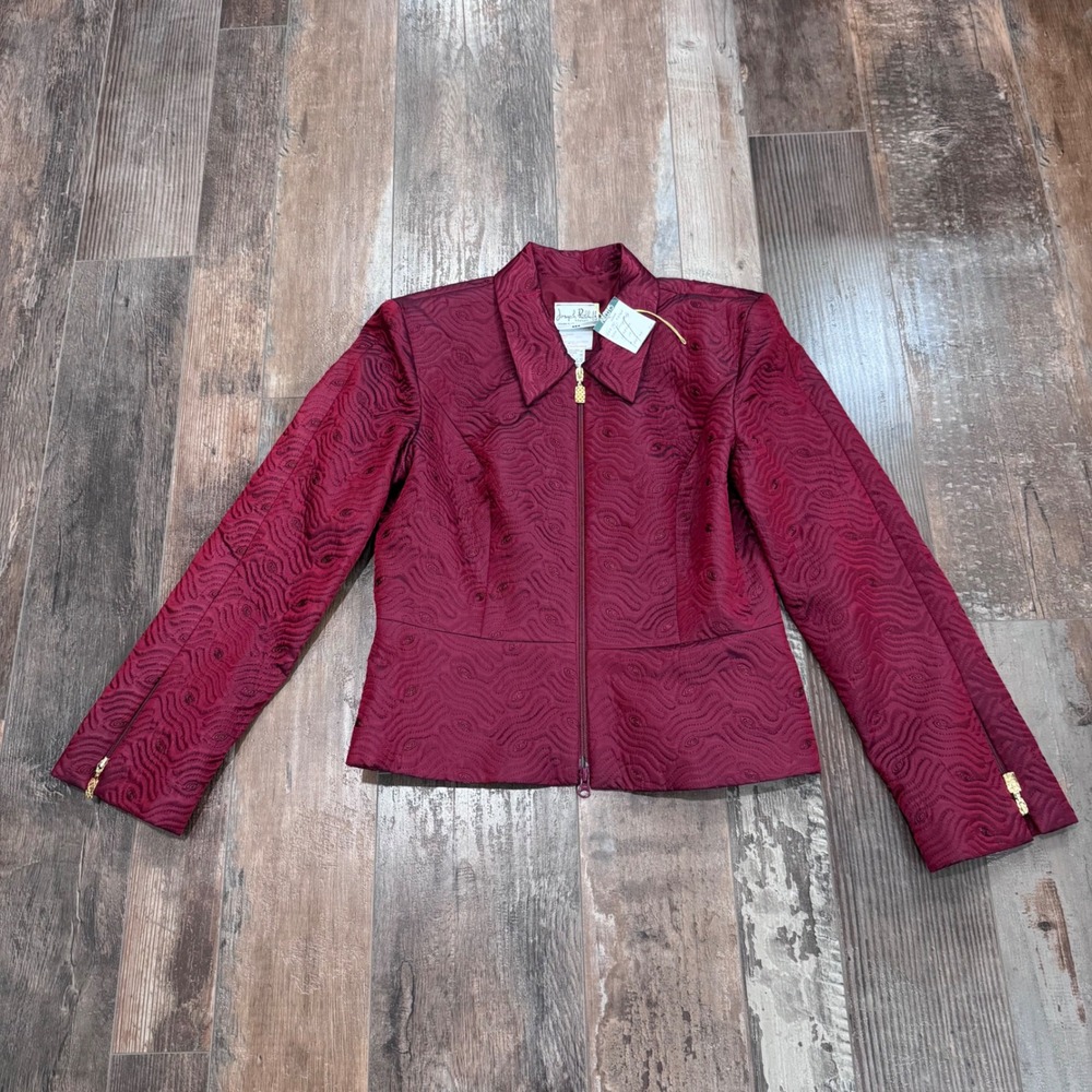 VTG Joseph Ribkoff Trends Burgundy Crinkle Zip Blazer Jacket Gold Charm Sz 10